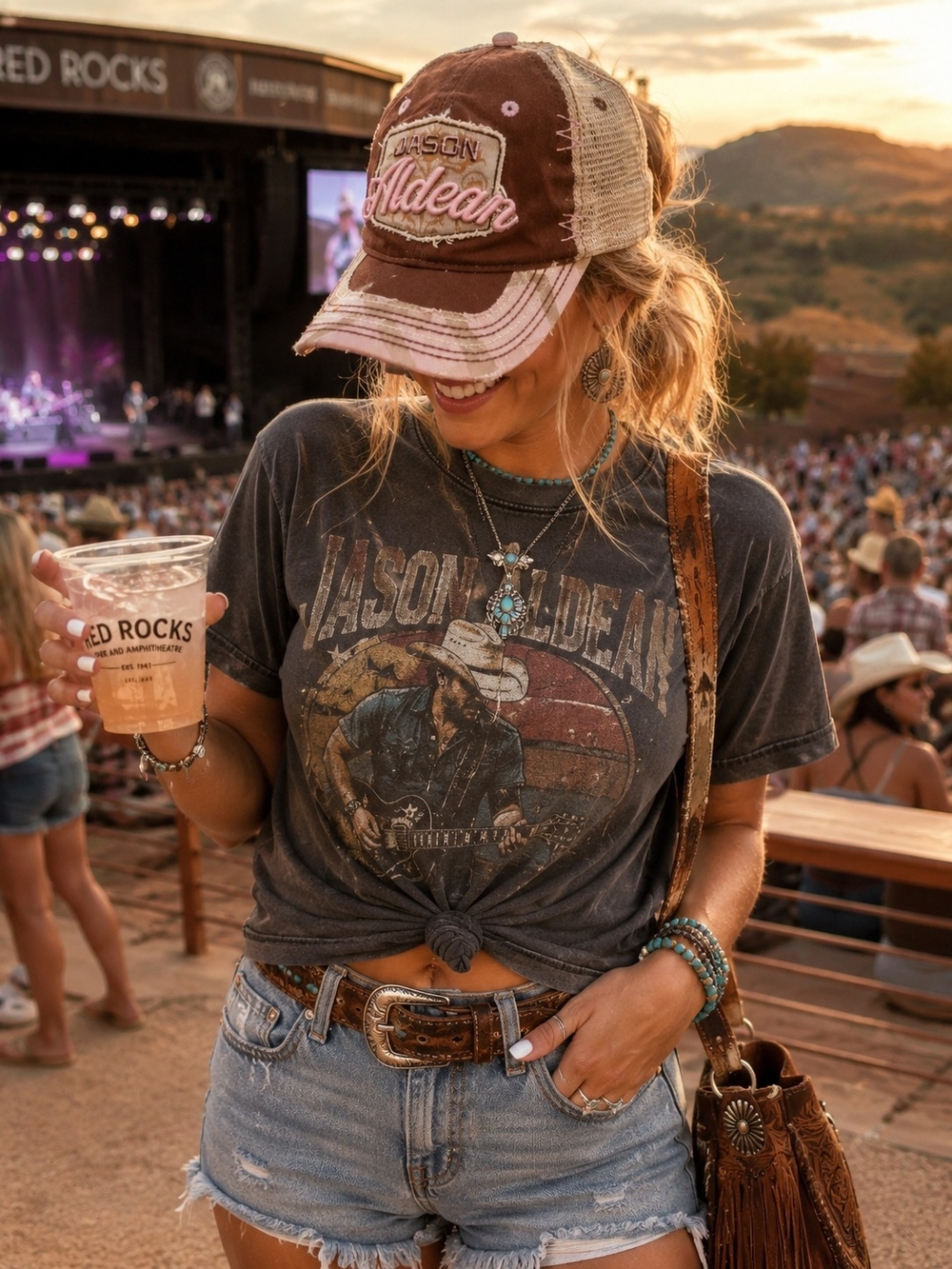 Jason Aldean Distressed Trucker Hat Pink Brown Mesh Snapback Country Concert